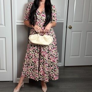 Elegant Floral Midi Dress in Pink and Cream